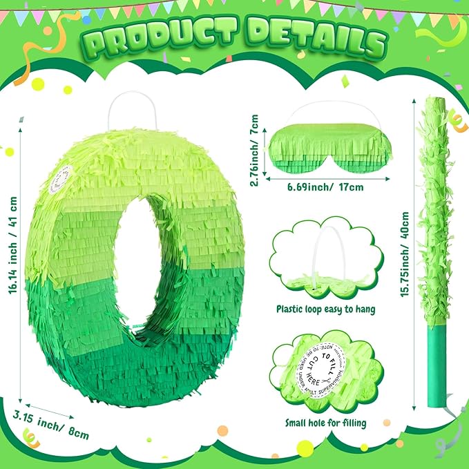 Number Piñata Decorations 16 Inch Gradient Green Piñata with Blindfold Stick and Confetti for Birthday Baby Shower Safari Jungle Themed Party Supplies Centerpiece(Number 0)