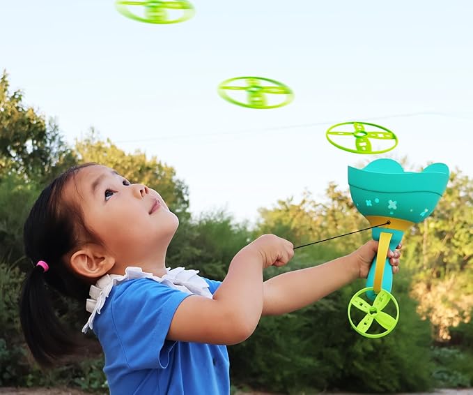 Disc Launcher Toy Kids Yard Flying Spinner Fairy Hover Helicopter Propeller Toy Outdoor Capture Catching Chasing Game Gift for Boy Girl Age 4 5 6 7 8 9 10 with 12 mini Discs