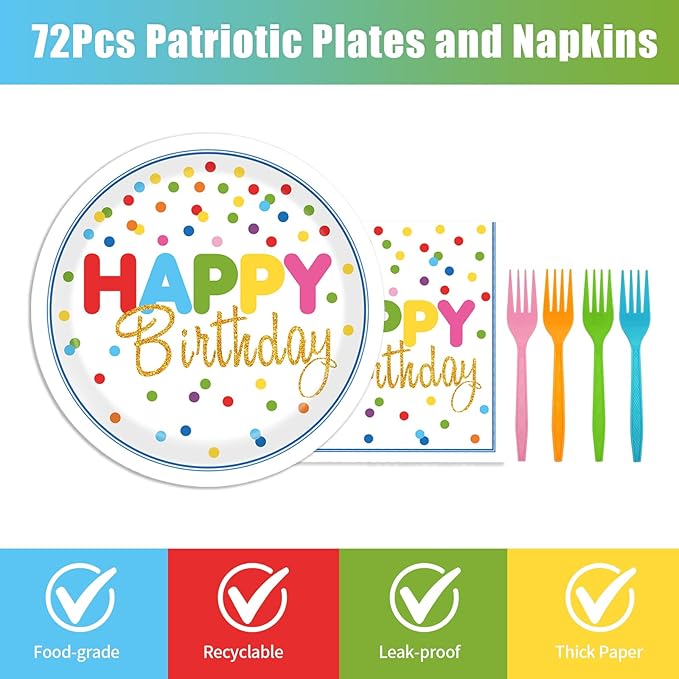 72Pcs Happy Birthday Plates and Napkins, Pink Polka Dot Themed Paper Plates Napkins Disposable Tableware Set for Birthday Party Decorations Supplies