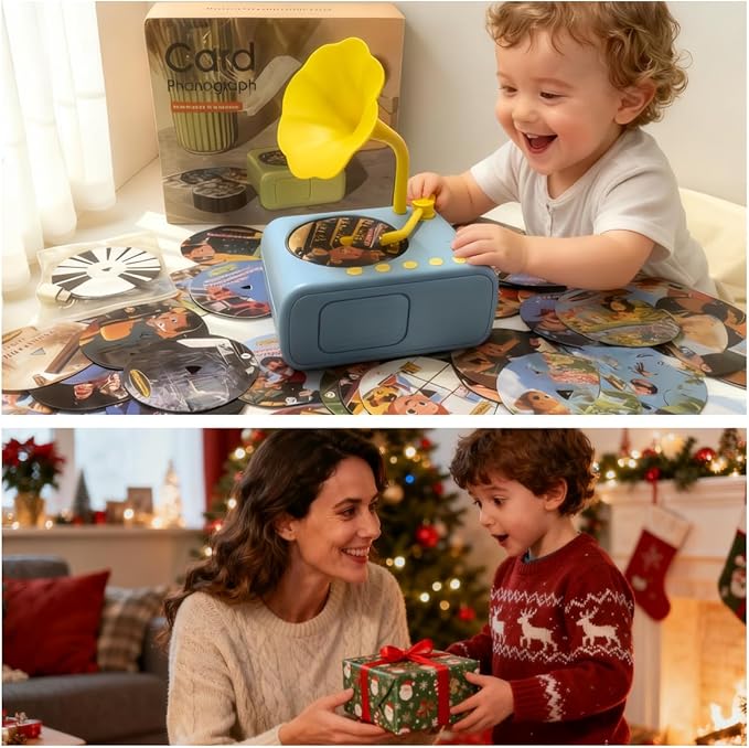 2026 New Kids Phonograph with 96 Audio Cards + 8 DIY Recordable Cards - Toddler Gramophone Record Player - Early Education Phonograph Story Machine-Bedtime Story Music Player (Blue)