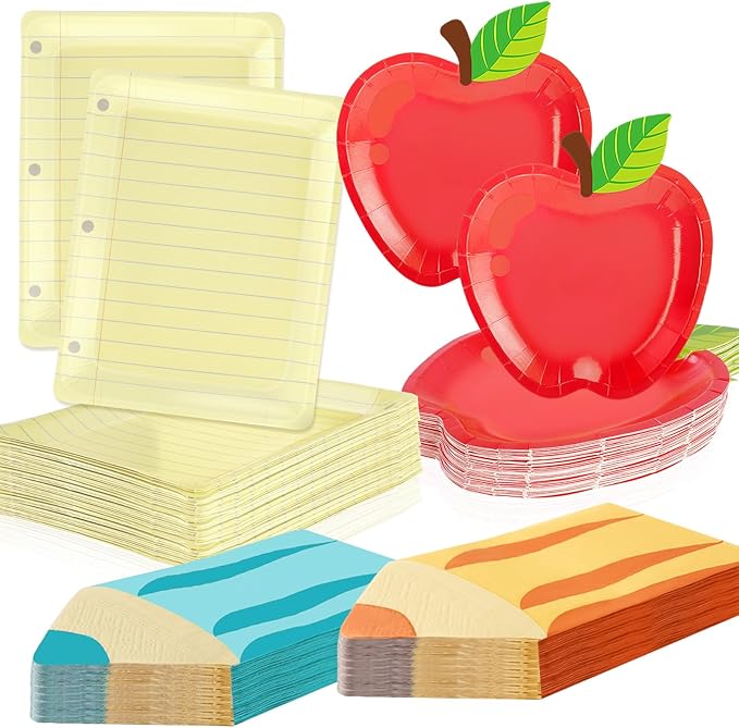 75Pcs Back to School Red Apple & Notebook Paper Plates with Pencil Napkins First Day of School Disposable Tableware Set for Graduation Kindergarten Preschool Party Supplies Table Decor, Serves 25