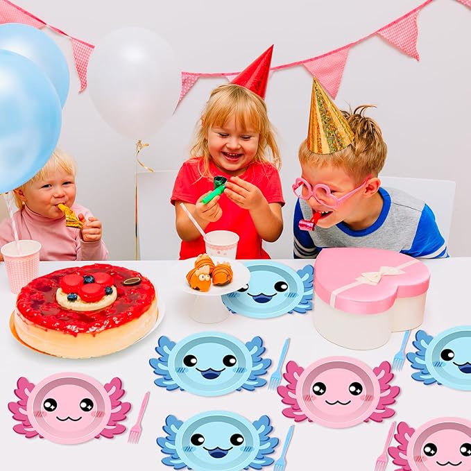 80Pcs Axolotl Birthday Party Plates 7 Inch Dessert Plates and Forks Cartoon Axolotl Dinner Paper Plates Dinnerware for Kids Boys Girls Party Baby Shower Decorations Supplies Favors