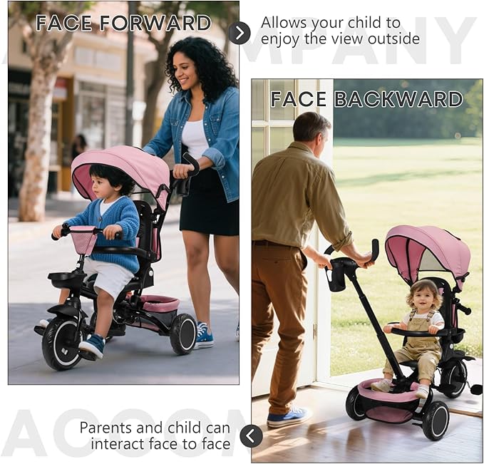 Kinder King Kids Tricycle, 8 in 1 Folding Toddler Trike w/Adjustable Push Handle, Rotatable Seat, Adjustable Canopy, Bell, Five-Point Harness, Storage, Bike Tricycle for Toddlers 1-3, Pink