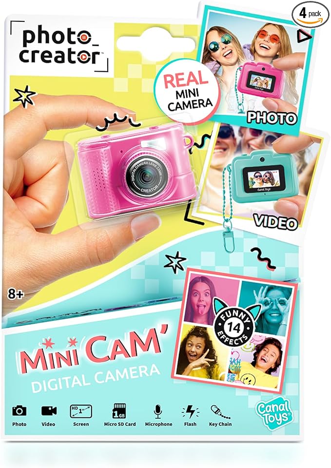 Photo Creator Mini’Cam Compact Digital Camera - Pink; Customize with 6 Frames and 8 Built-in Color Filters; Compact; 1GB Micro-SD Card Included