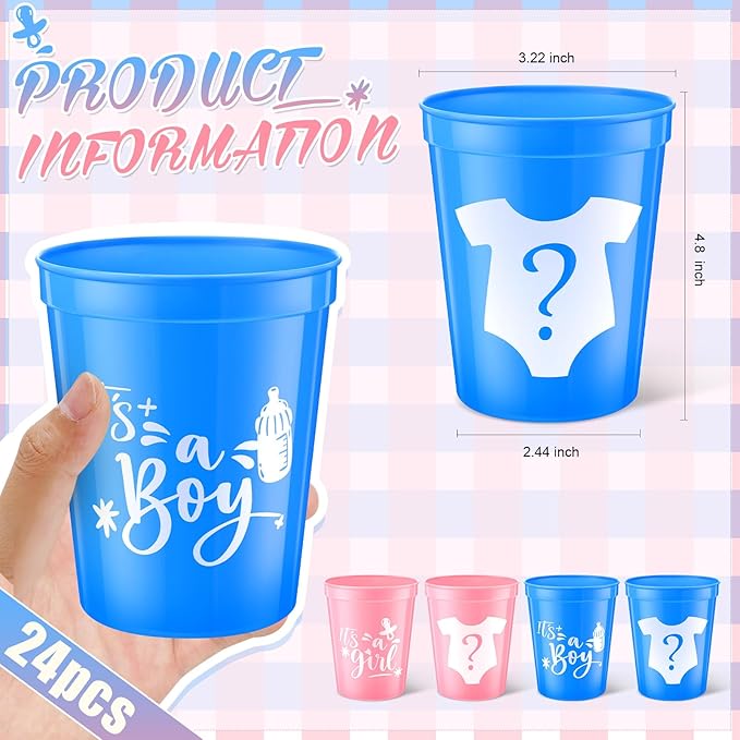 24 Pcs Gender Reveal Cups 16 oz Reusable Thick Boy or Girl Party Plastic Drinking Cup Pink and Blue Gender Reveal Party Decorations Baby Shower Supplies