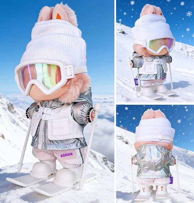 17cm Doll Clothes and Accessories Set for Lububu- Winter Snow Themed Ski Outfits with Mini Hat, Jacket, Pants, Poles, Goggles & Skis, Designer Clothing for Doll Dress-Up and Display(White)