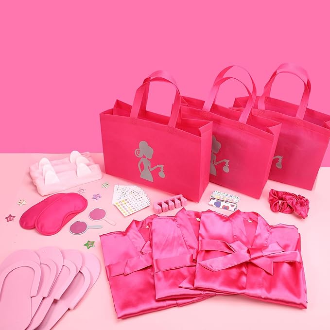 122 Pcs Kids Spa Party Favors Kit - Girls Satin Robes, Nail Salon & Tote Bags for Slumber, Birthday & Halloween Parties - Complete DIY Spa Set for 10 Guests