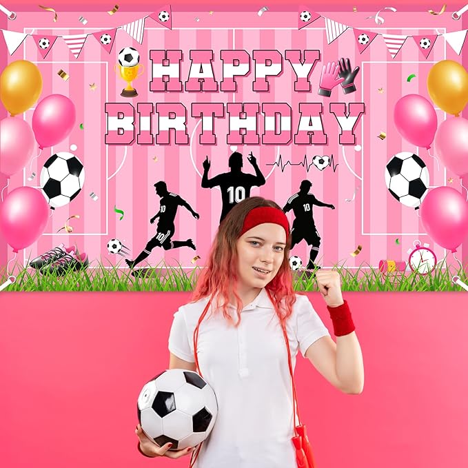 Avezano Scoccer Star Birthday Party Decorations Scoccer Sports Theme Happy Birthday Banner Backdrop Kids Teens Football 10th Birthday Party Celebrations Supplies (Pink, 6x3.6 ft)