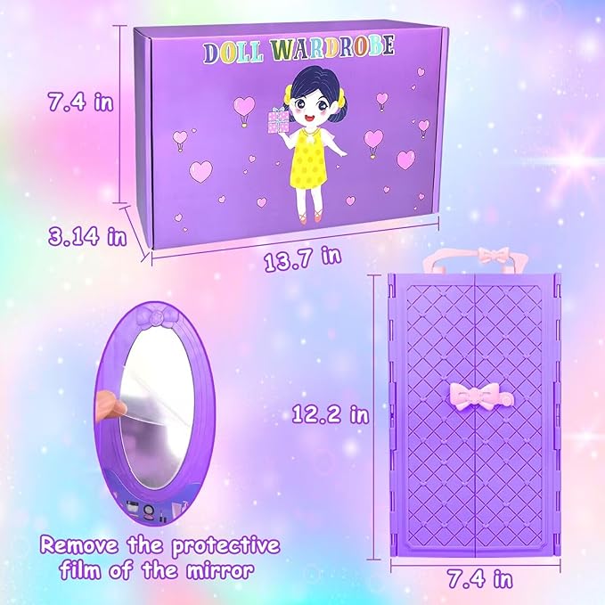 75 Pack Doll Clothes and Accessories with Doll Closet for 11.5 Inch Doll Fashion Design Kit Girl Doll Dress Up Including Wedding Dress Fashion Dress Outfits Tops and Pants Shoes Hangers Bags Necklaces