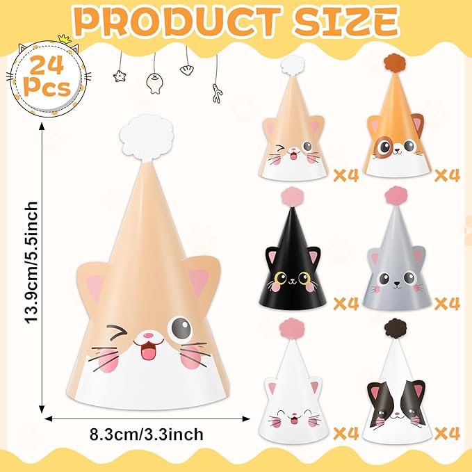 24 PCS Cat Birthday Party Decoration for Kids Cute Kitten Themed Party Cone Hats Cat Theme Cone Hats Kids Birthday Headwear for Boys and Girls Cosplay Dress Up Kitten Themed Supplies，6 Designs