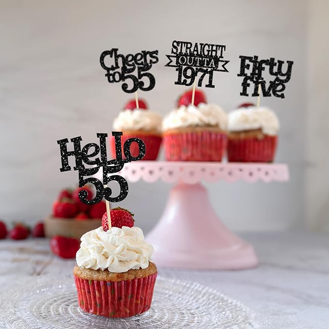 Ephlyn 24Pcs 55th Birthday Cupcake Toppers Glitter Straight Outta 1971 Cupcake Picks Hello 55 Cheers to 55 Years Cake Decorations for 55th Birthday Anniversary Party Decorations Supplies Black