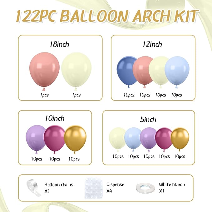 Pastel Balloon Arch Kit,122Pcs Pink Blue Yellow Purple Metallic Gold Macaron Yellow Colorful Balloons for Boho Bridal Wedding Birthday Baby Shower Engagement Anniversary Graduation Party Decorations