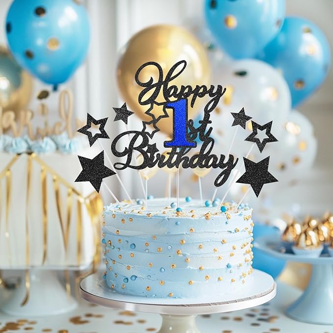 Happy 1st Birthday Cake Topper, One Cake Topper 1st Birthday Boy, Black Blue Glitter Cake Decoration, First Birthday Cake Topper, 1 Years Old Baby Birthday Party Cake Decor Supplies