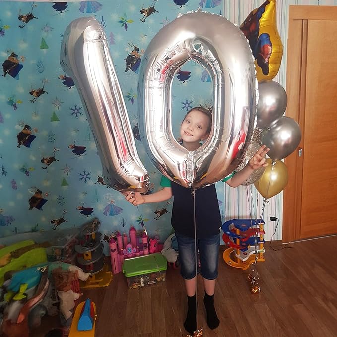 Silver 10 Balloons Number, 40 Inch Helium Foil Number 1 & 0 Balloons for 10 Year Old Birthday Decorations, Large Self Inflating Mylar Balloon for Boys 10th Birthday Party Anniversary Decor Supplies