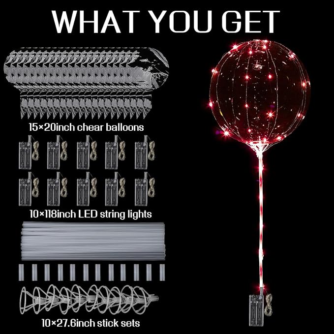 LED Balloons Light Up, 10 Pack LED Balloons with Sticks, 20 Inch Clear Bobo Balloon with Lights Helium Glow Bubble Lights for Party Supplies Valentines Decor (Red)