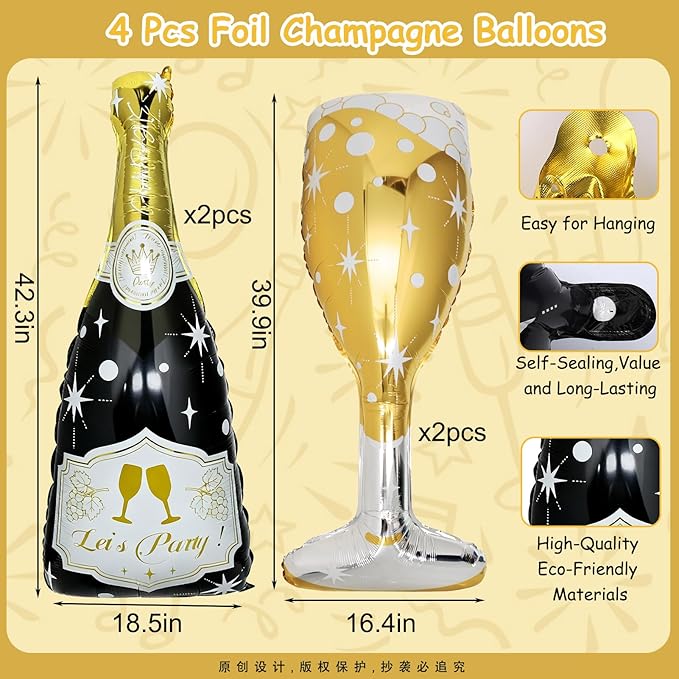 4 Pcs Champagne Balloons, Huge Black Gold Champagne Bottle Goblet Aluminum Foil Balloons for Birthday, Bachelorette, Graduation, Anniversary, 2026 New Years Eve Party Decorations Supplies