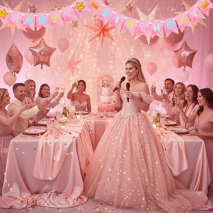 Ctosree Pink Princess Party Supplies 8.2ft Happy Birthday Banner Signs Pink Crown and Star Flag Hanging Bunting Banner Flag for Valentine's Galentine's Photo Props Birthday Party Decoration