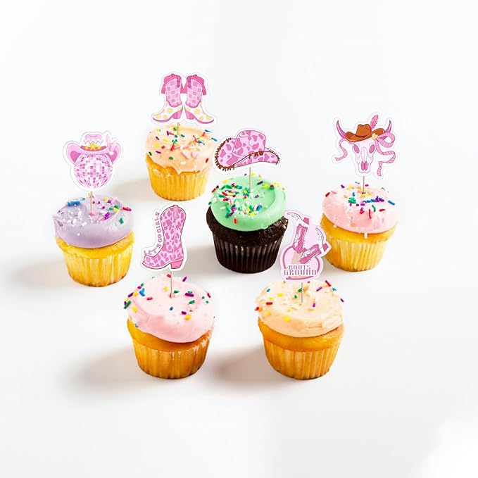 40 PCS Cowgirl Cupcake Toppers HorseShoe Hat and Boot Cupcake Picks Cactus Bandana Disco Ball Cake Decorations for Western Cowgirl Theme Baby Shower Kids Birthday Lets Go Girls Party Supplies