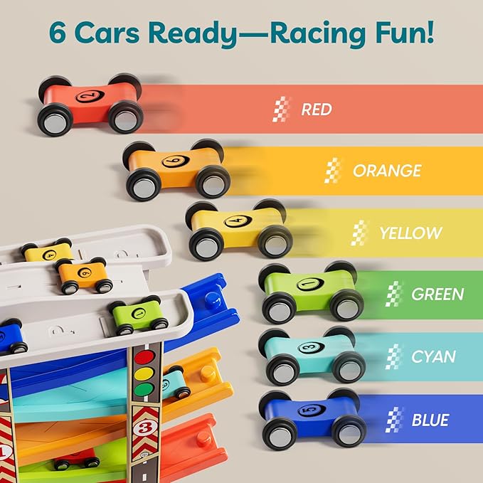 TOP Bright Wooden Race Track Car Ramp Toys for Toddlers 1-3 Years Old with 6 Mini Cars, 1 Car Garage & Extra Bridges, Toddler Montessori Toys for 1 Year Old Boys Girls Birthday