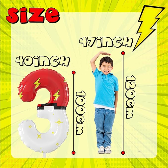 40 Inch Giant Red and White Cartoon Theme Number Foil Balloons - Large Number 3 Balloons Animation for Kids' Birthday Anniversary Party Decorations Supplies (Numbers 0-9 Available)