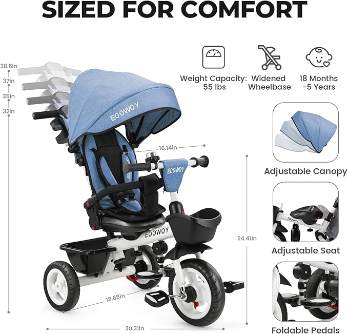 Toddler Tricycle with Push Handle, 7 in 1 Stroller Trike with 360° Swivel Seat, Reclining Backrest, All-Terrain Wheels, Dual Brakes, Canopy & Storage, Gift for Kids 18 Months to 5 Years, Blue