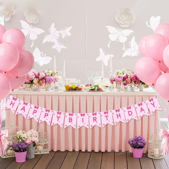 TaoBary Pink Cute Kitty Happy Birthday Banner Pre-strung Hanging Sign Cartoon Cat Birthday Decorations Kitty Themed Pink Party Supplies Cartoon Kitten Banners for Girls Women Birth Favors