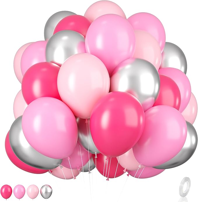 Pink and Silver Balloons, 12 Inch Hot Pink Pastel Latex Balloon Metallic Chrome Silver Helium Balloons for Girls Women Bridal Birthday Baby Shower Party Decorations