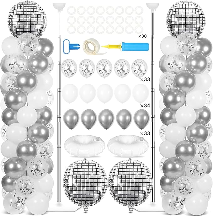 2 Sets Disco Ball Party Balloon Column Stand Kit with 102 Silver Disco Foil Balloons 5.57Ft Adjustable Balloon Tower Stand with Base Adjustable Arch Column for 70s 80s 90s Dance Birthday Supply