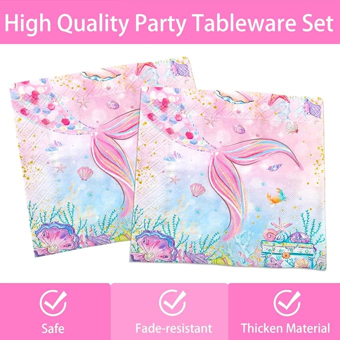 120Pcs Mermaid Birthday Party Plates Under the Sea Ocean Paper Disposable Tableware Set for Girls Kids Birthday Party Decorations Serve 24