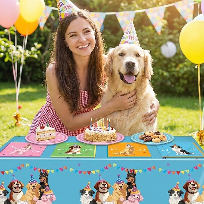 41Pcs Pet Dog Birthday Party Supplies Retro Dog Paper Plates and Napkins Colorful Puppy Birthday Plastic Tablecloth Tableware Disposable Pet Dinnerware Decor Set for Kids Party Baby Shower Table Decor