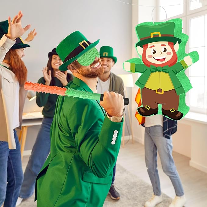 Hooqict St Patricks Day Pinata St. Patrick's Kids Party Games Green Leprechaun Pinata with Blindfold and Bat Stick for Boys Girls Happy St.Patrick's Day Decorations Birthday Party Supplies