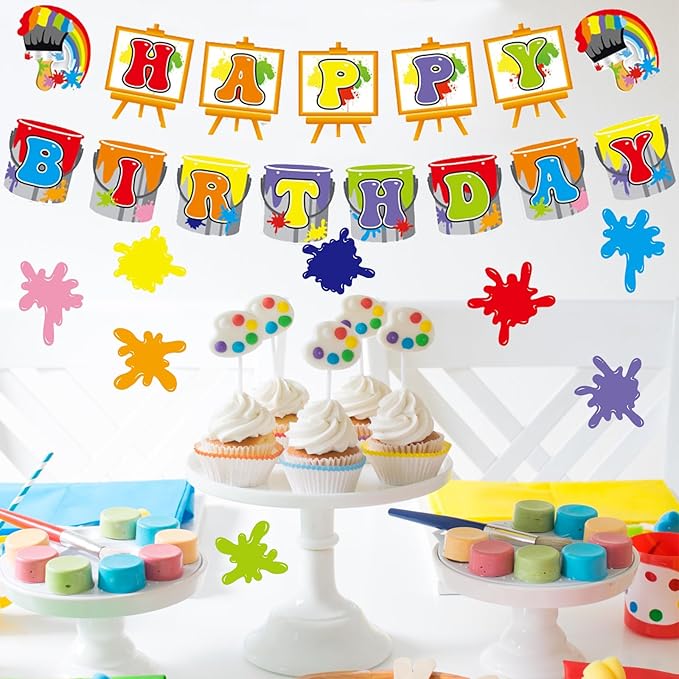 Zwiebeco Colorful Painting Art Happy Birthday Banner Hanging Paper Sign for Girls Boys Kids Adults Graffiti Paint Themed Birthday Party Decoration Supplies