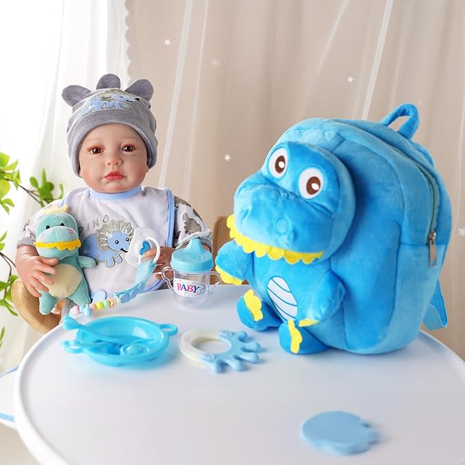 BABESIDE 18 Pcs Reborn Baby Doll Accessories for 17-22 Inch Dolls – Dinosaur Baby Doll Clothes Set with Diaper, Backpack, Feeding Set,Toy, Bottle, and Toys, for Boys & Girls