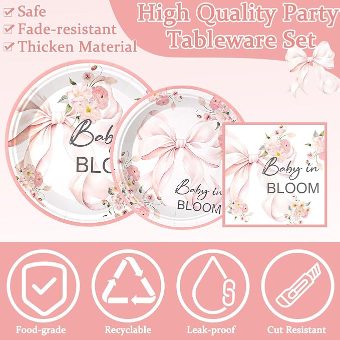 24 Set Baby in Bloom Wildflower Floral Party Tableware Set for Baby Shower Girl Birthday Decorations Coquette Pink Girl Bow 9" 7" Paper Plates Cups Napkins Party Supplies Dinnerware