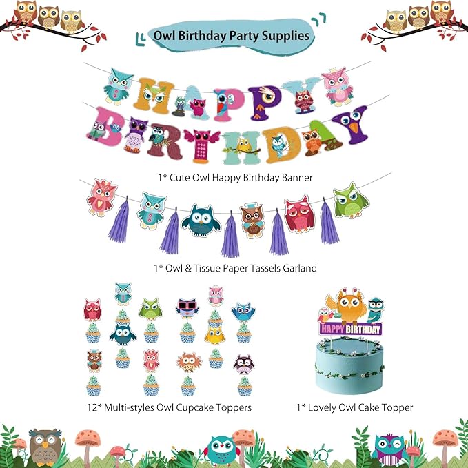 Owl Birthday Decorations - Cute Owl Theme Party Supplies with Birthday Banner, Colorful Tissue Paper Tassels Garland, Cake Toppers Set for Baby Shower, Kids Woodland Bday Party Decors