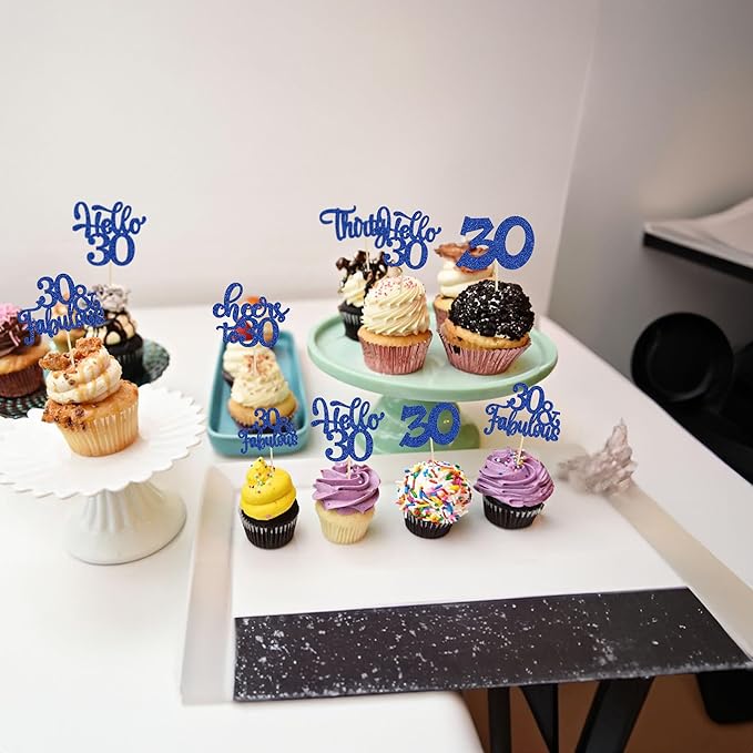30Pcs Happy 30th Birthday Cupcake Toppers Deep Blue Glitter Thirty Cheers to 30 Birthday Cupcake Picks for Happy 30th Birthday Anniversary Party Cake Decorations Supplies