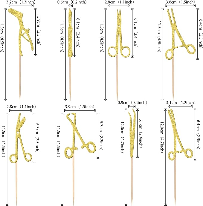 24 PCS Surgical Tool Cupcake Toppers Glitter Surgeon Party Cupcake Picks Surgical Doctor Graduation Cake Decorations for Surgeon Sterile Processing Tech Tool Theme Birthday Party Supplies Gold