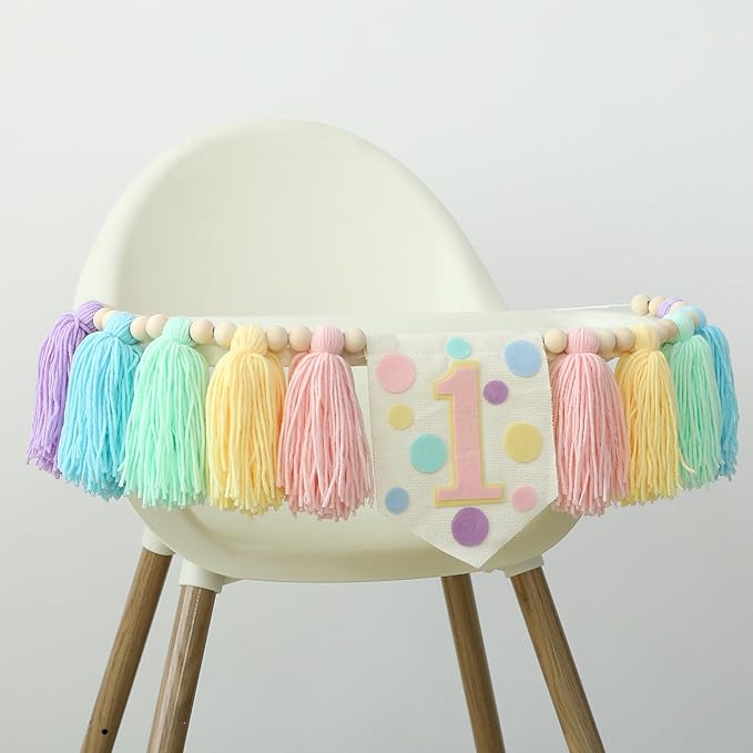 Macaron Pastel Dot 1st High Chair Banner Conical Cap Colourful Macaron Cake Topper for Boys Girls Birthday Party Decorations