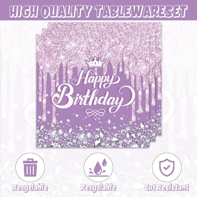 41pcs Purple and Silver Party Supplies ,include 20 dessert plates,20 Napkin and 1pcs Tablecloth,Used for Purple Silver Glitter Birthday Party Decoration Set