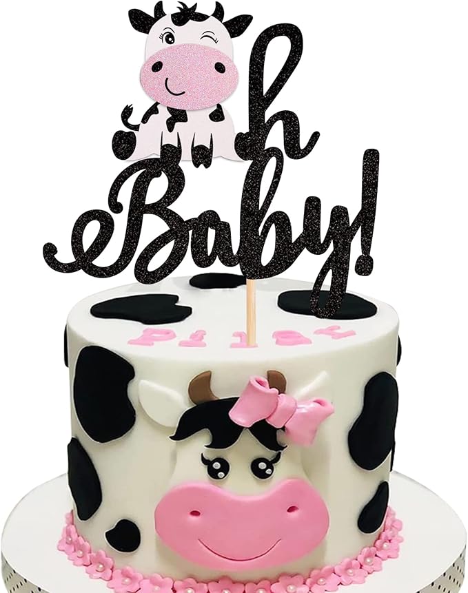 1 PCS Cow Oh Baby Cake Topper Glitter Farm Animals Cake Pick for Gender Reveal Theme Baby Shower Kids Birthday Party Decorations Supplies
