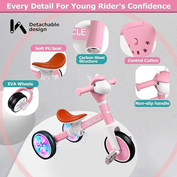 Toddler Balance Bike for Boys Girls, Tricycle for Toddlers 1-5 Year Olds, Toddler Tricycle with Light & Music Front, Kids Bicycle with Removable Pedal, Birthday Gifts for Kids (Flash Wheel Pink)