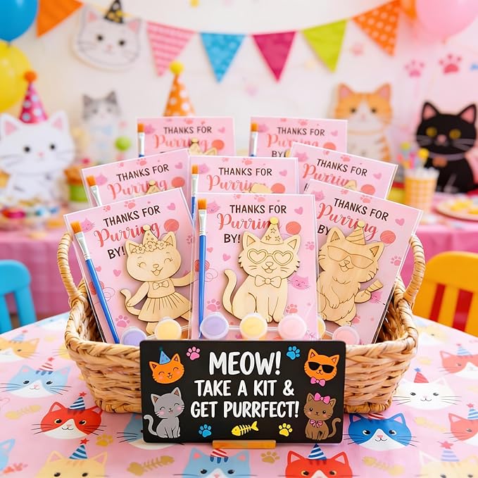 12 Pack Cat Party Favors for Kids - Individually Wrapped Paint Your Own Wooden Magnet Kits, Cute Pink Kitten Themed Party Supplies for Girls