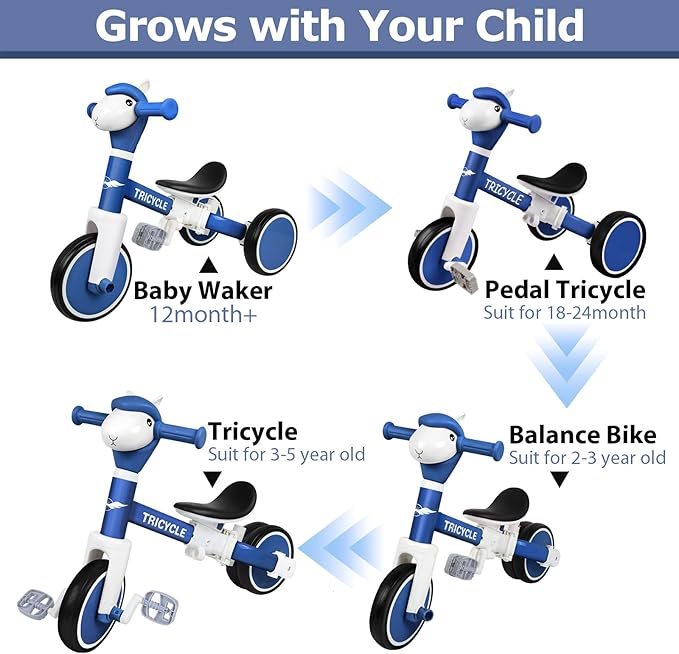 Toddler Balance Bike with Light & Music, Tricycle for Toddlers 1-5 Year Olds, Toddler Tricycle for Boys Girls, Kids Bicycle with Removable Pedal, Birthday Gifts for 1 2 3 4 5 Year