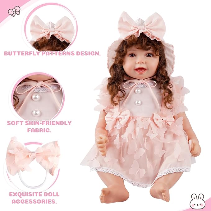 BABESIDE 4 Pcs Reborn Baby Doll Clothes Set for 17-22 Inch Babydolls, Pink Bow Dolls Dress with Hat Headband and Reusable Diaper for Realistic Baby Doll Accessories