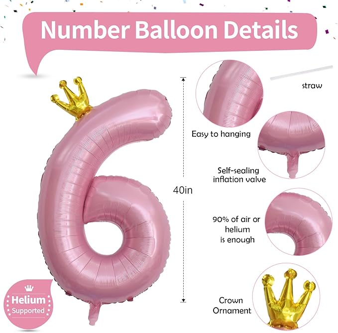 Large Number 6 Balloons, Light Pink 40 Inch Foil Number Balloon for Women, Crown Pearl Pink Self Inflating 0-9 Set Balloons for Girls 6th Birthday Party Decor Anniversary Party Decorations Supplies