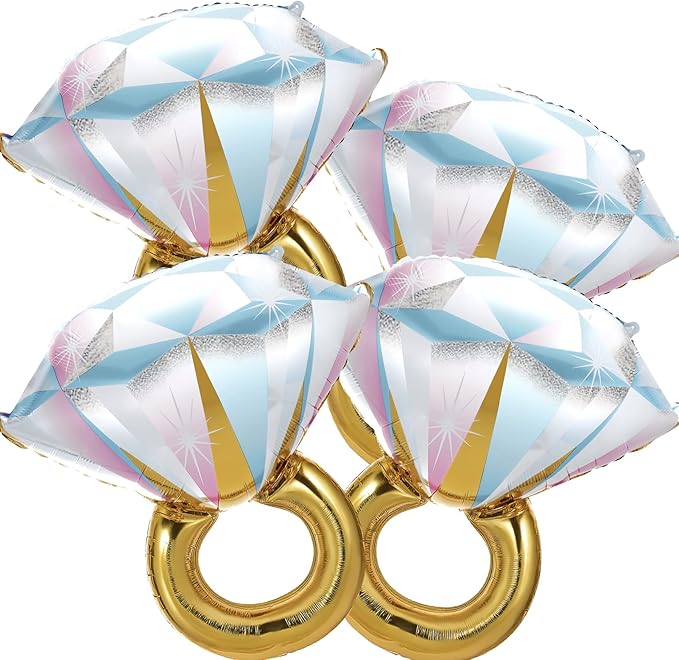 4 Pcs Diamond Ring Balloon, Huge Glitter Aluminum Foil Ring Balloons for Bridal Shower, Wedding, Anniversary, Bachelorette, Engagement Party Decorations Supplies