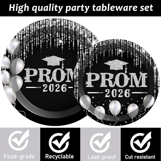 96PCS Prom Night 2026 Party Tableware Set Black Silver Graduation Party Supplies Congrats Class of 2026 Party Disposable Dinnerware Plates Napkins Forks for Graduation Celebration Favors