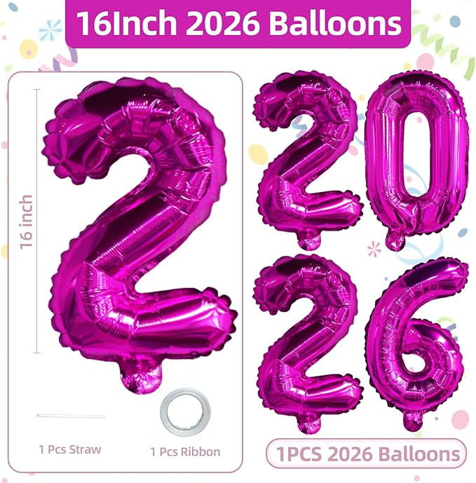 KALOR 16 Inch 2026 Hot Pink Foil Number Balloons, 2026 New Years Decorations for 2026 Happy New Year Eve and Graduations Party Supplies