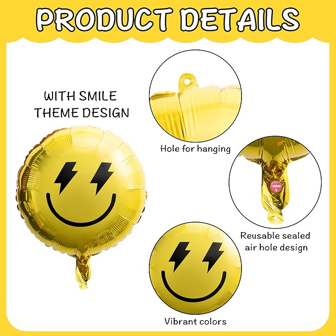 8PCS 18 Inch Smile Party Checkered Helium Balloons, Yellow Smile Face Prppy Theme Birthday Party Decorations, Yellow Lightning Balloons for Wedding Decor Event Supplies