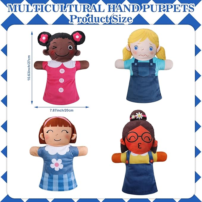 Poen 8 Pcs Hand Puppets Set for Kids Multicultural Hand Puppets Bulk Soft Plush for Toddlers Learning Interaction Suitable for Home Daycare School Classroom Role Play Fantoccini Theater Shows(Feeling)